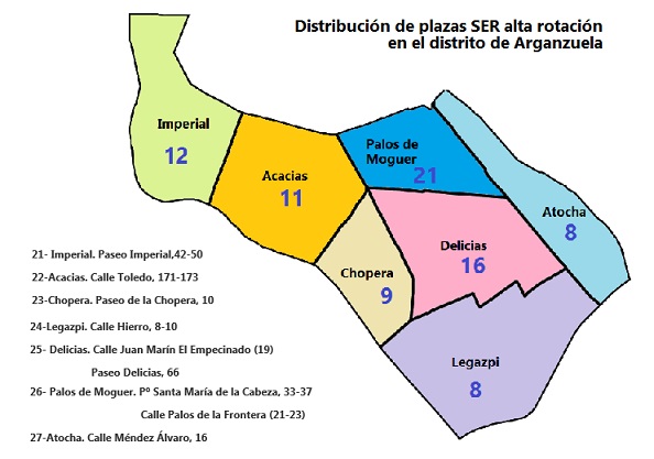Mapa de los barrios de Arganzuela con la distribución de las plazas SER