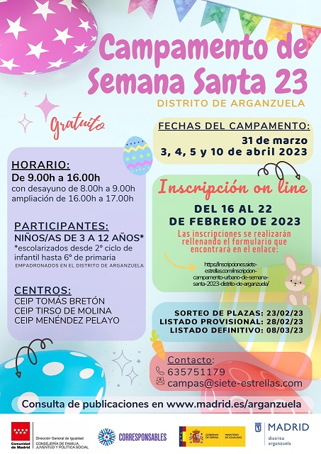 Cartel con las condiciones informativas del campamento de primavera de Arganzuela