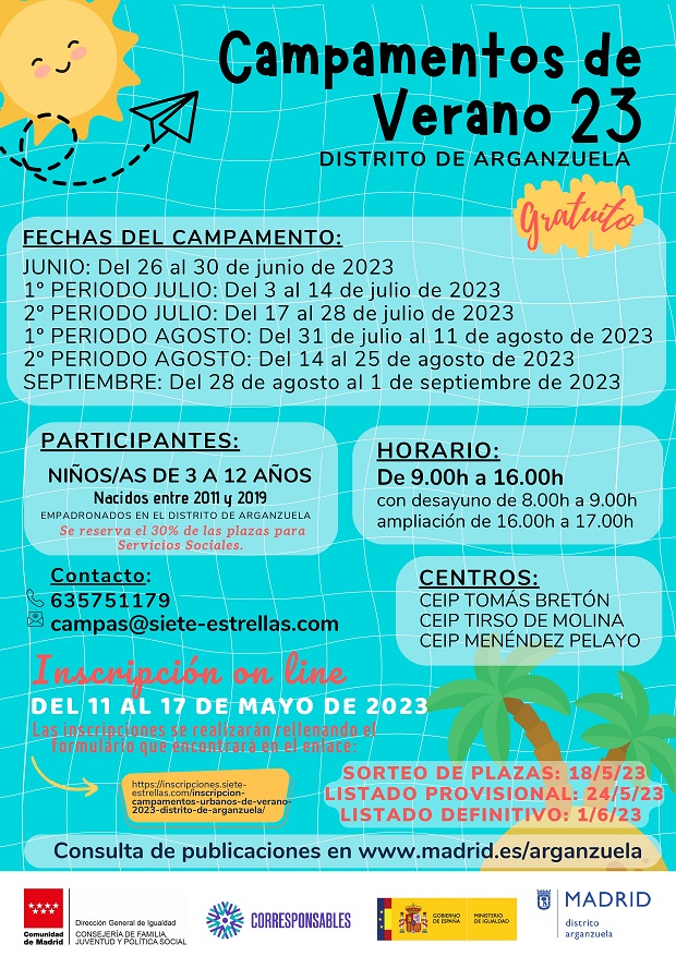 Cartel de la nueva convocatoria de campamentos urbanos de verano en Arganzuela 2023
