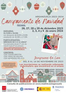 Cartel con la información sobre los campamentos de Navidad en Arganzuela