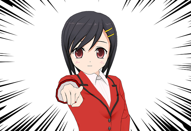 Dibujo manga de un chica con uniforme apuntando con el dedo
