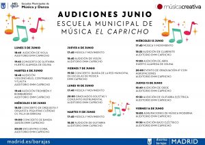 Cartel con las audiciones de junio de la Escuela Municipal de Música El Capricho