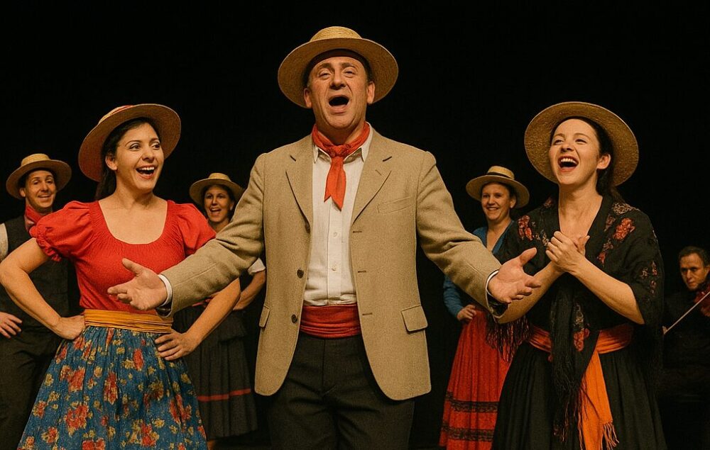 Grupo de actores y actrices sobre un escenario, vestidos con trajes tradicionales castizos y sombreros de paja, interpretando una escena musical con expresividad y alegría.
