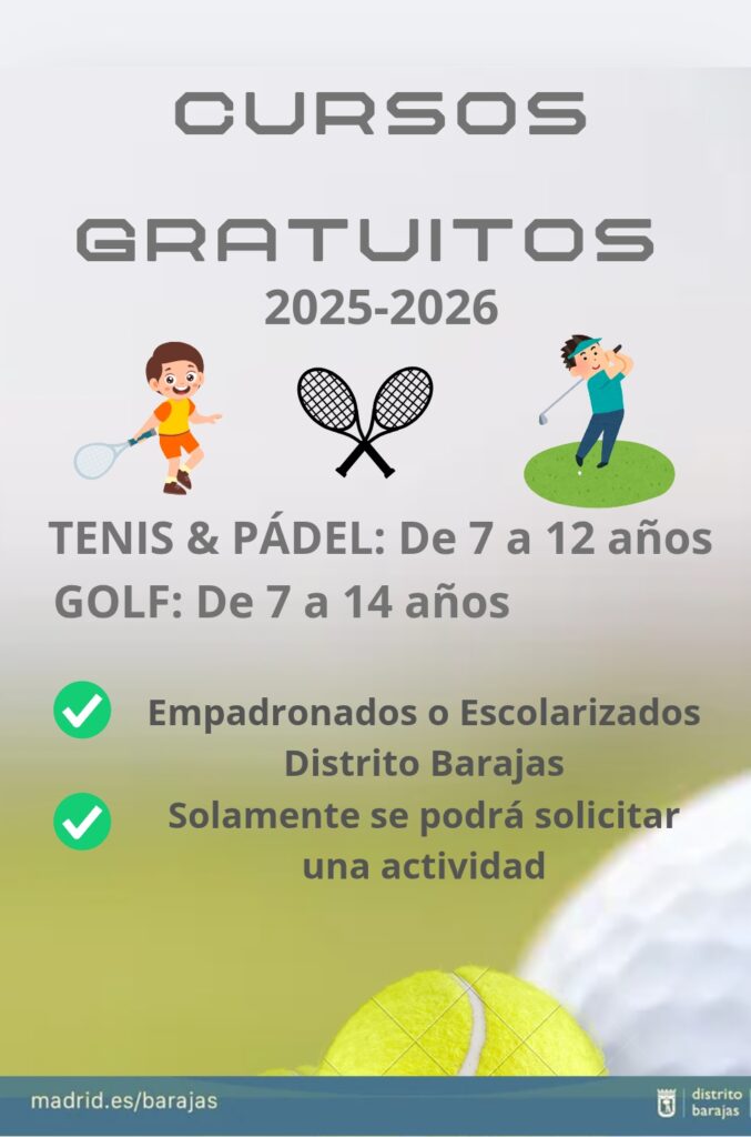 Cartel de los cursos de Barajas con una Ilustración de dos niños jugando al golf y tenis