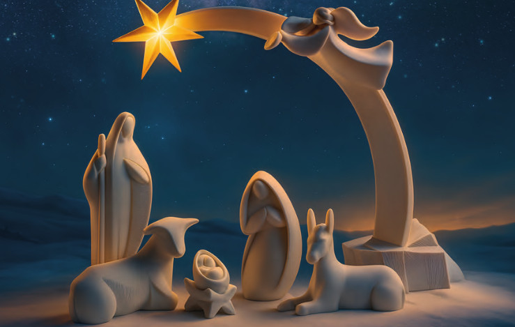 Belén minimalista en tonos crema con figuras estilizadas de María, José, el Niño Jesús, un pastor y dos animales, colocado bajo un arco con una gran estrella luminosa sobre un fondo nocturno