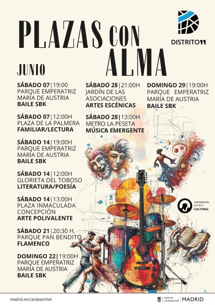 Cartel del festival Plazas con alma con ilustraciones de diferentes disciplinas artísticas y unos instrumentos en primer plano
