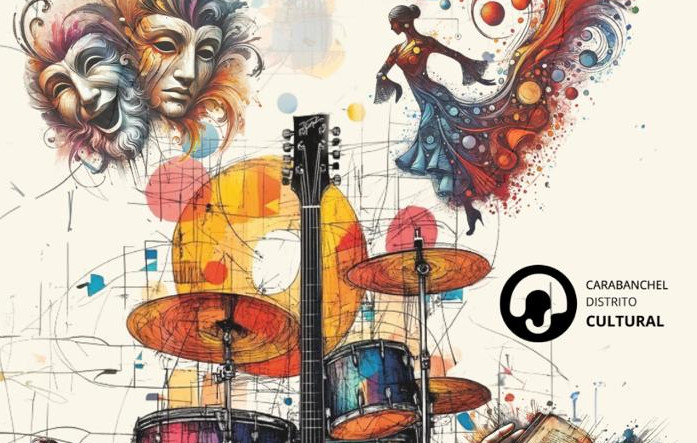 ilustraciones de unas máscaras de teatro, una bailarina e instrumentos musicales