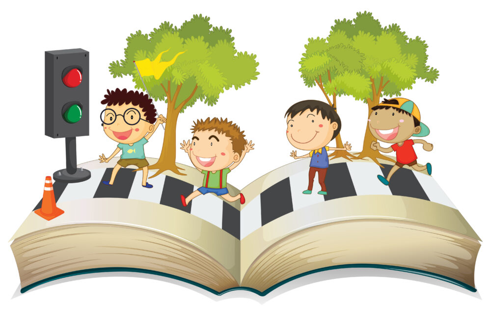 Ilustración de niños cruzando un paso de peatones con forma de libro