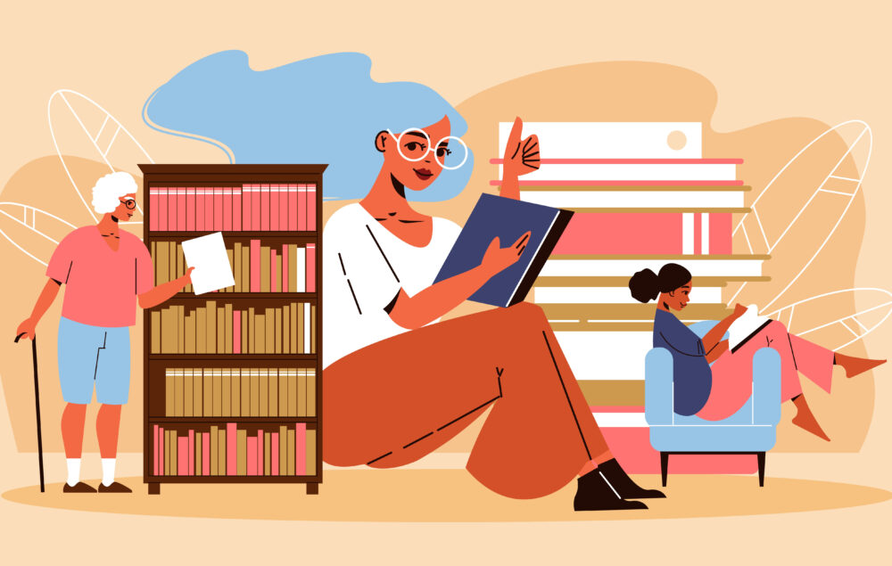 Ilustración de mujeres en una biblioteca leyendo
