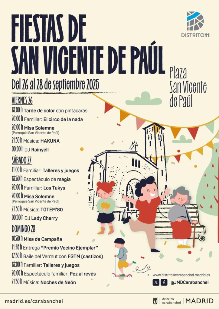 Cartel de las Fiestas de San Vicente de Paúl con unos niños jugando frente a una iglesia con la información en el lado izquierdo