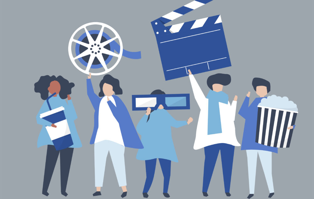 Ilustración de varias mujeres sujetando elementos relacionados con el cine