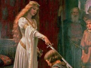 Cuadro de una reina sujetando una espada sobre los hombros de un caballero