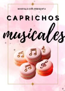Cartel de Caprichos musicales. Notas de música sobre un fondo rosa