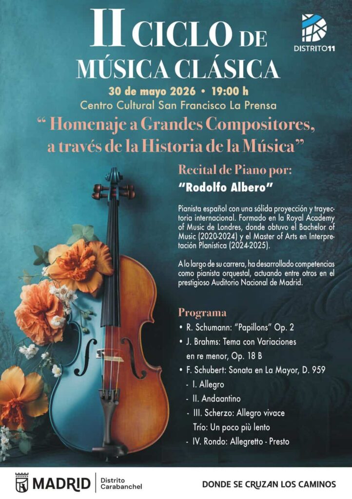 El distrito de Carabanchel despide el mes de mayo con diferentes planes culturales para todos los públicos. Del 29 al 31 de mayo, los centros culturales, las bibliotecas municipales y otros espacios de Distrito 11 acogen actuaciones, espectáculos y propuestas artísticas al aire libre. Te lo contamos.