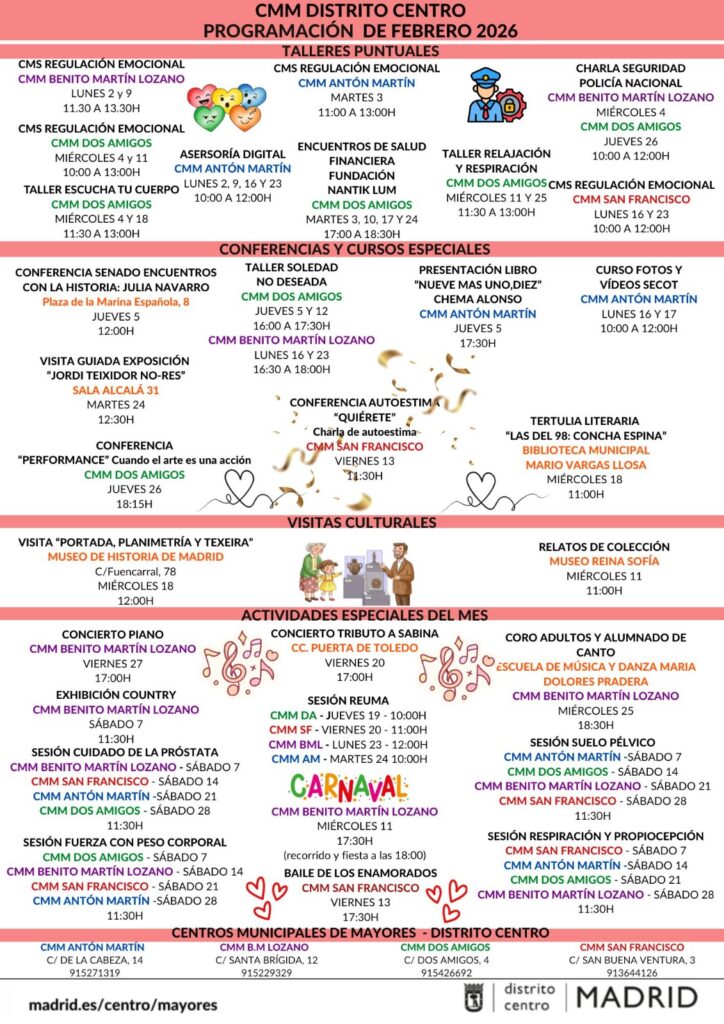 Descripción detallada de las actividades de los centros de mayores por días y localizaciones