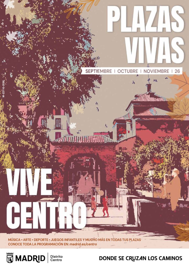 Ilustración programa Plazas Vivas con edificio del distrito Centro
