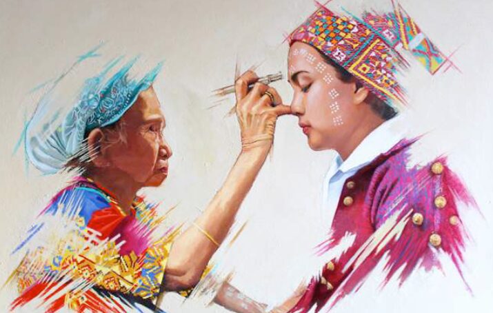 Dibujo de las comunidades filipinas con una madre maquillando a la hija