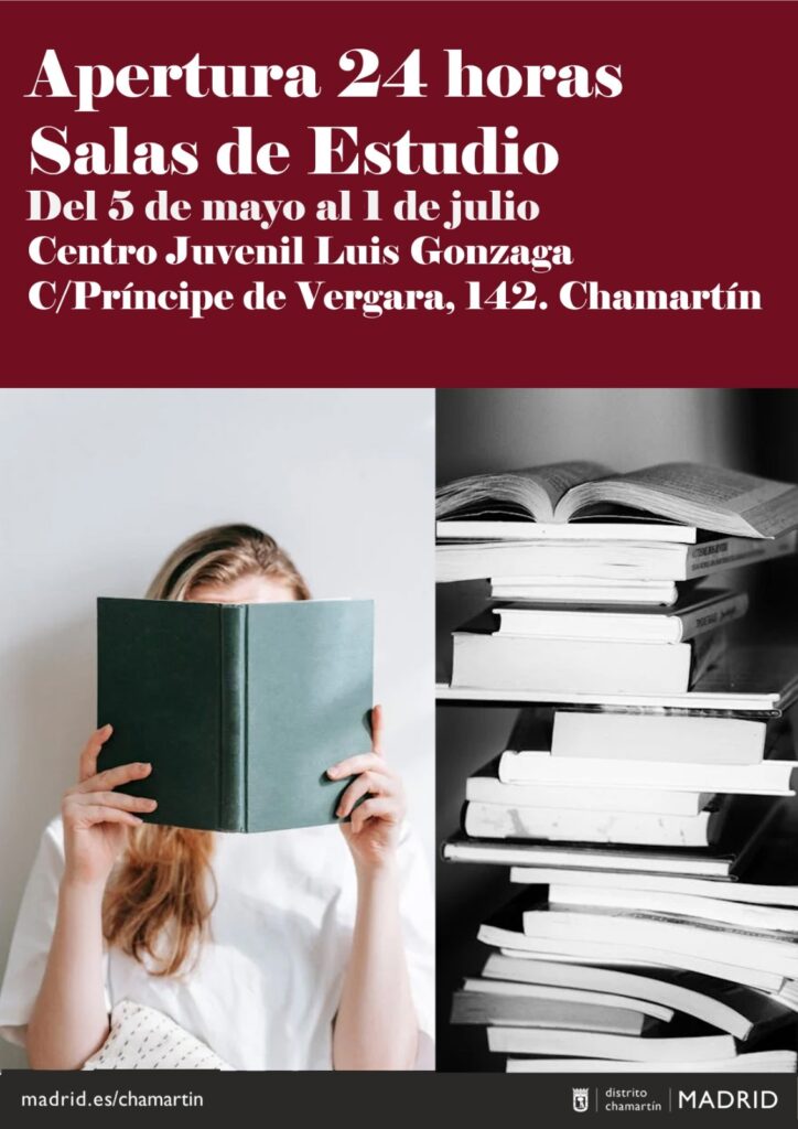 Una mujer leyendo y una torre de libros en el cartel de las salas de estudio
