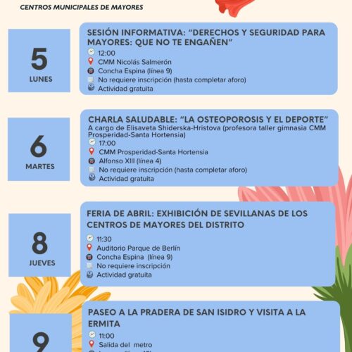 Programa de los centros de mayores con decoración de flores de primavera , fondo claro y rectángulos azules