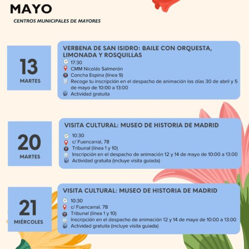 Programa de los centros de mayores con decoración de flores de primavera , fondo claro y rectángulos azules