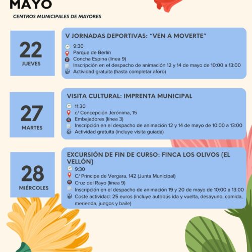 Programa de los centros de mayores con decoración de flores de primavera , fondo claro y rectángulos azules