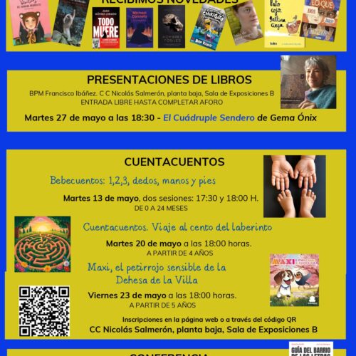 Cartel de la biblioteca con cuadros amarillos sobre fondo azul