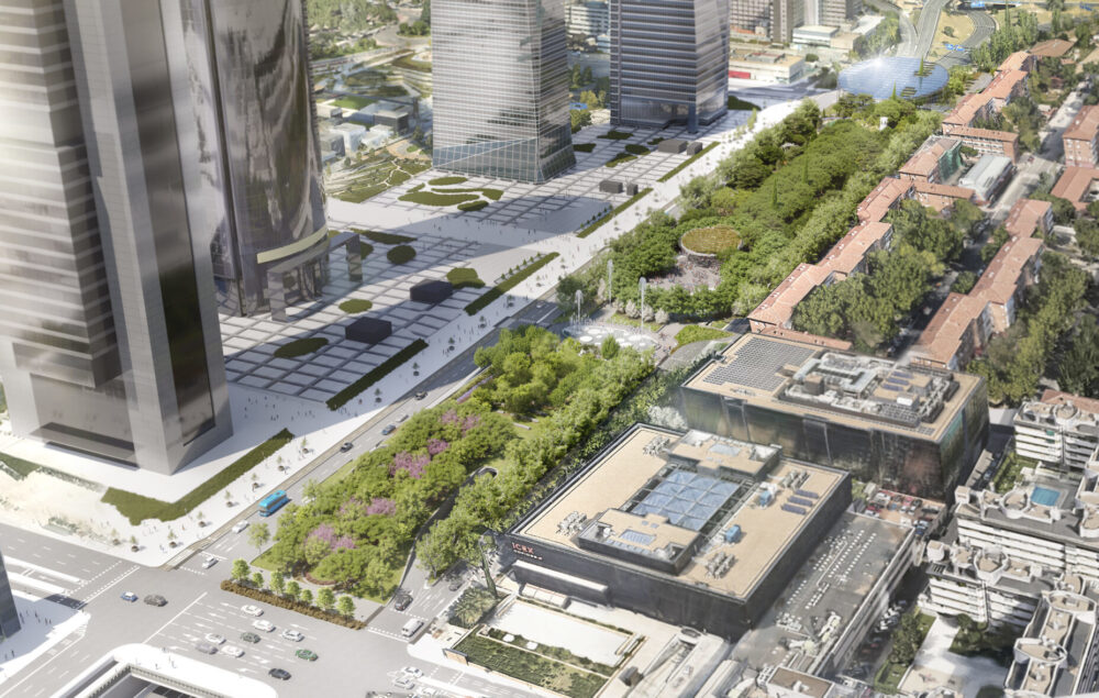 render del parque castellana, con las cinco torres de Madrid y una zona ajardinada
