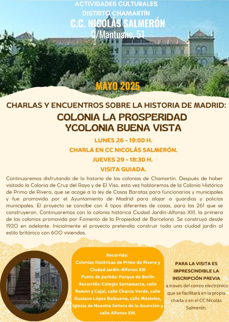 Cartel con la imagen de la colonia de Chamartín de fondo sobre un papel amarillo
