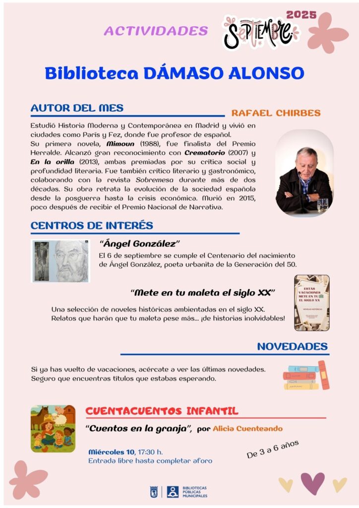 Cartel de actividades de la Biblioteca Dámaso Alonso, ordenado en filas