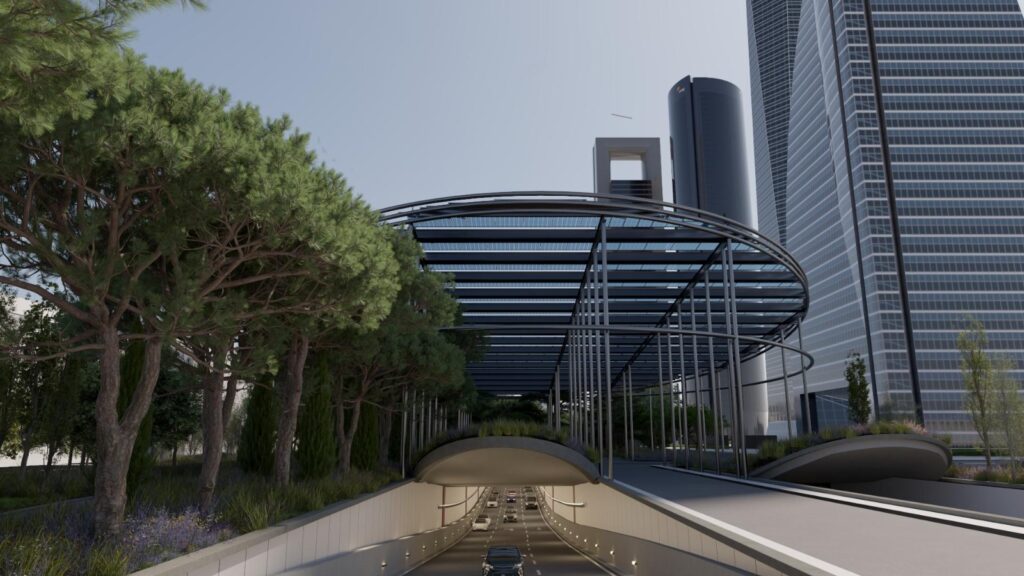 Render de las cinco torres con la creación de un tunel bajo un parque