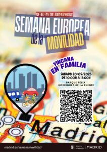 Cartel de la Semana de la movilidad donde se ve un mapa que señala Madrid con una ilustración de edificios e información del evento