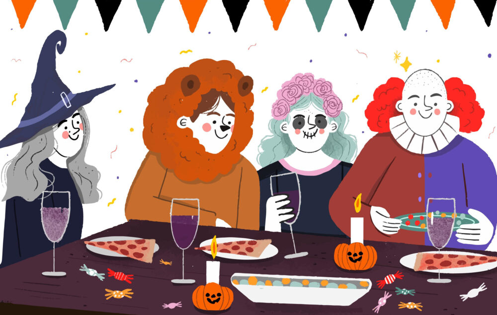 Ilustración de personas disfrazadas de bruja, leon y trajes de Halloween