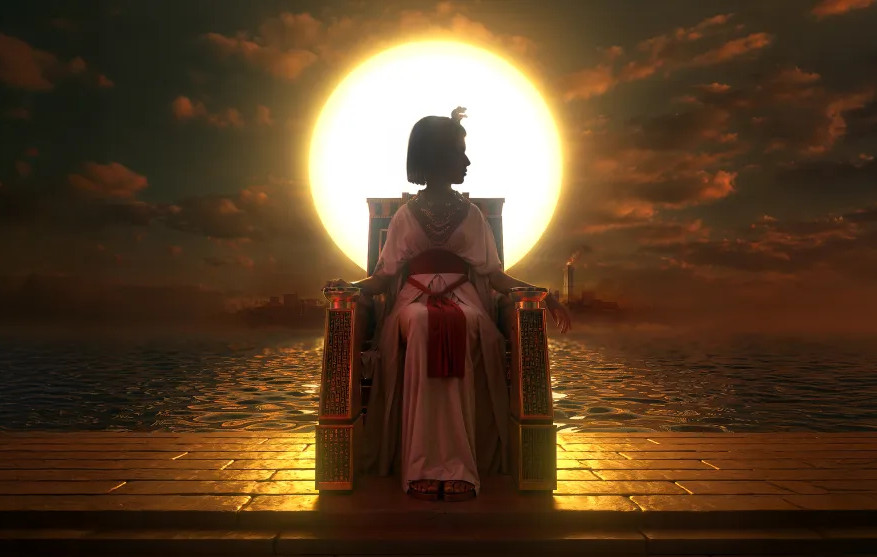 Imagen de Cleopatra con un sol de fondo