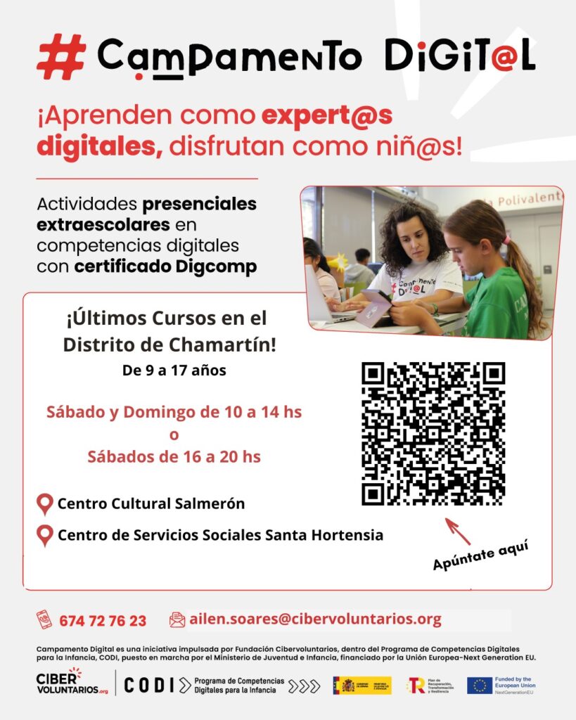 Cartel del campamento digital con una mujer enseñando a una niña de verde