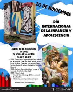 Cartel del Día de la Infancia con la imagen de un mural y niños jugando
