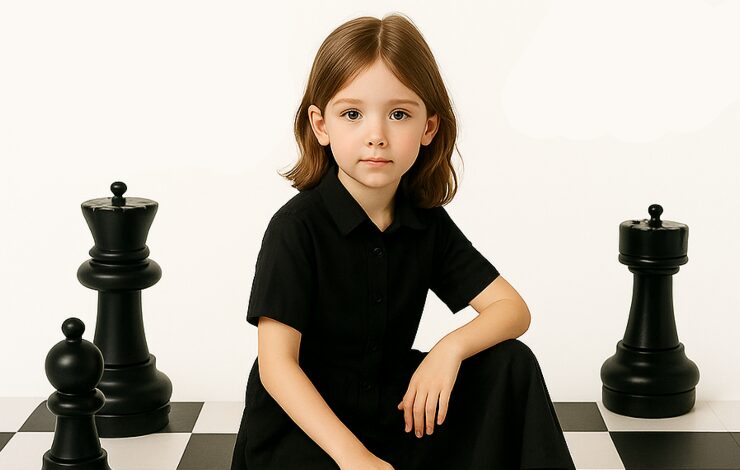 Una niña sobre un tablero de ajedrez gigante