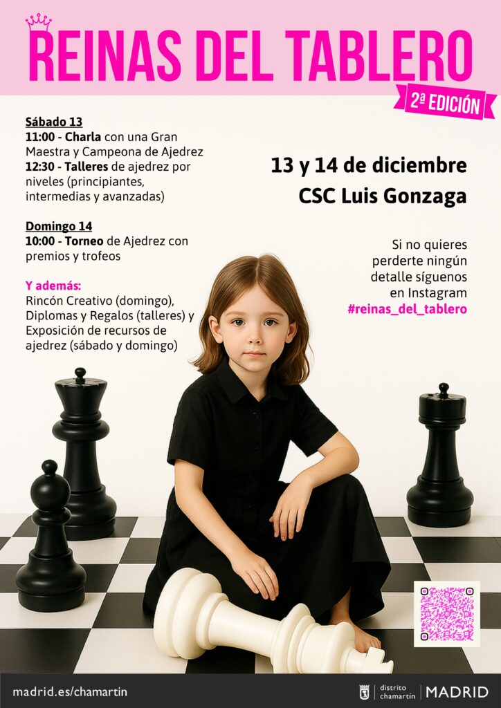  Cartel Reinas del Tablero. Una niña sobre un tablero de ajedrez gigante
