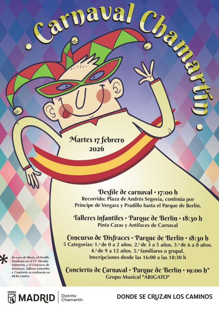 Cartel Carnaval Chamartín con la imagen de un arlequín con una banda con la bandera de españa