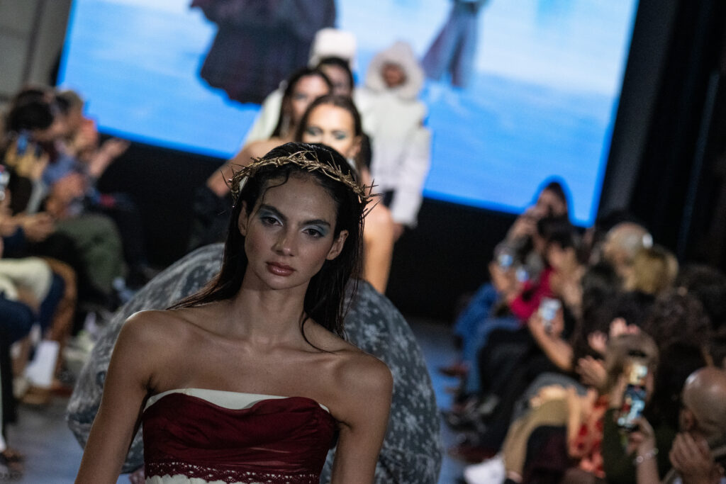 MADRID, SPAIN - MARCH 17: A model walks the runway at the “RENACER” fashion show during Mercedes Benz Fashion Week Madrid Madrid on March 17, 2026 in Madrid, Spain. (Photo by Juan Naharro Giménez)