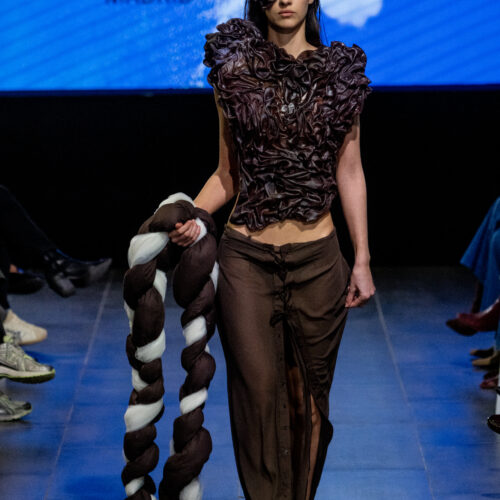 MADRID, SPAIN - MARCH 17: A model walks the runway at the “RENACER” fashion show during Mercedes Benz Fashion Week Madrid Madrid on March 17, 2026 in Madrid, Spain.