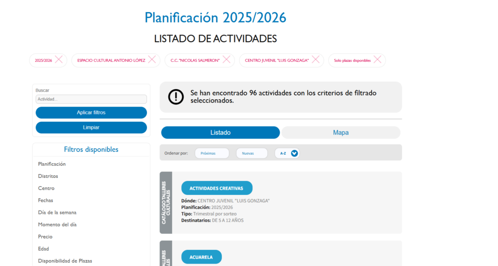 imagen de la página web donde se ofertan las actividades