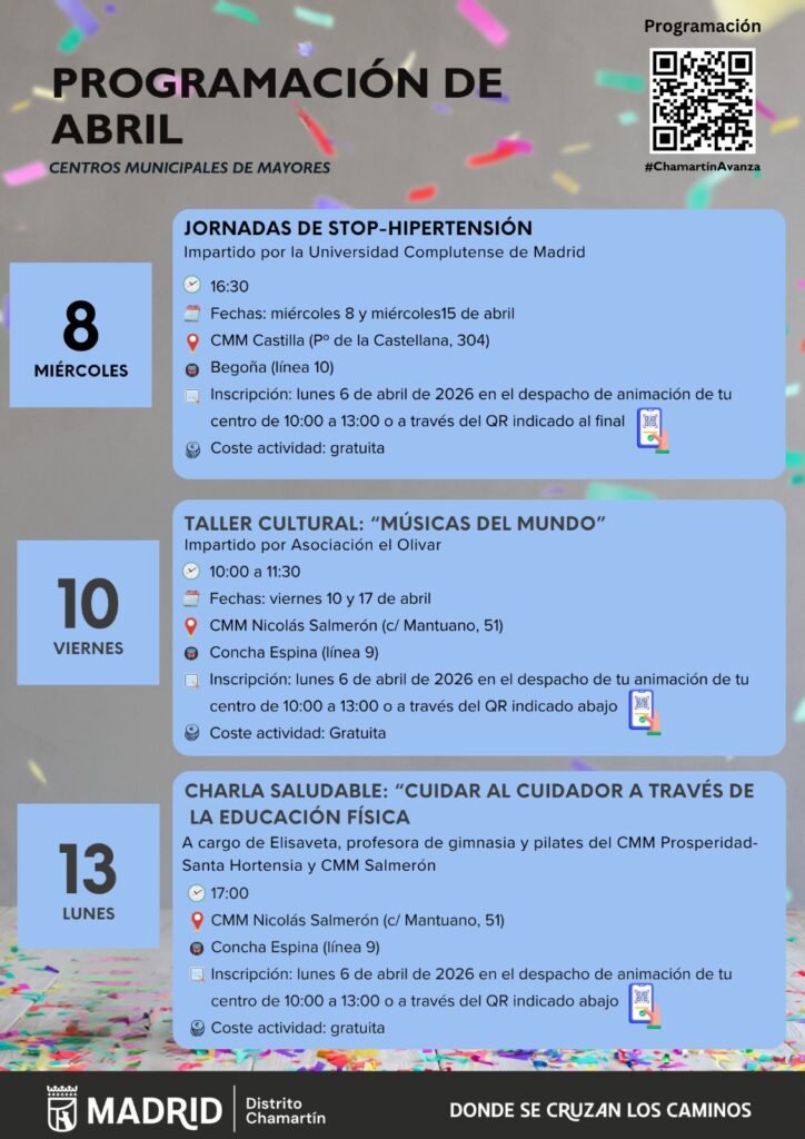 Programación de abril de los centros municipales de mayores de Chamartín