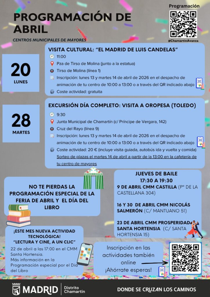 Programación de abril de los centros municipales de mayores de Chamartín