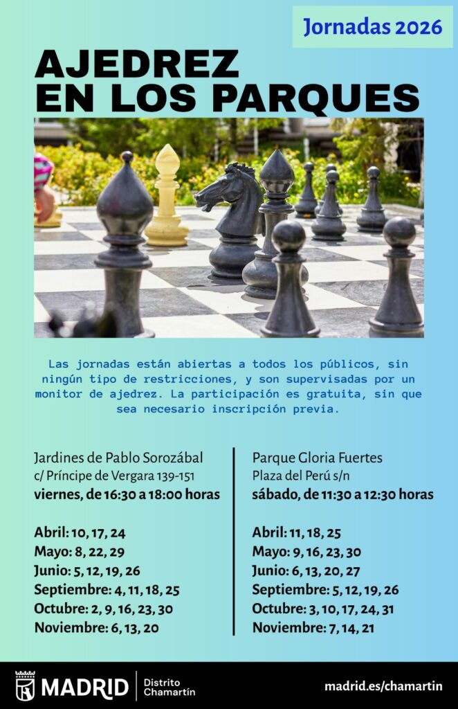 Cartel de las jornadas de ajedrez con las fechas de las sesiones con una imagen de un ajedrez gigante