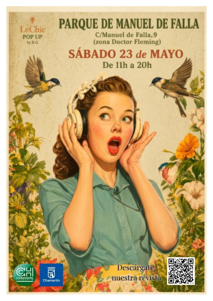 Cartel del pop up con una mujer escuchando música en un entorno primaveral