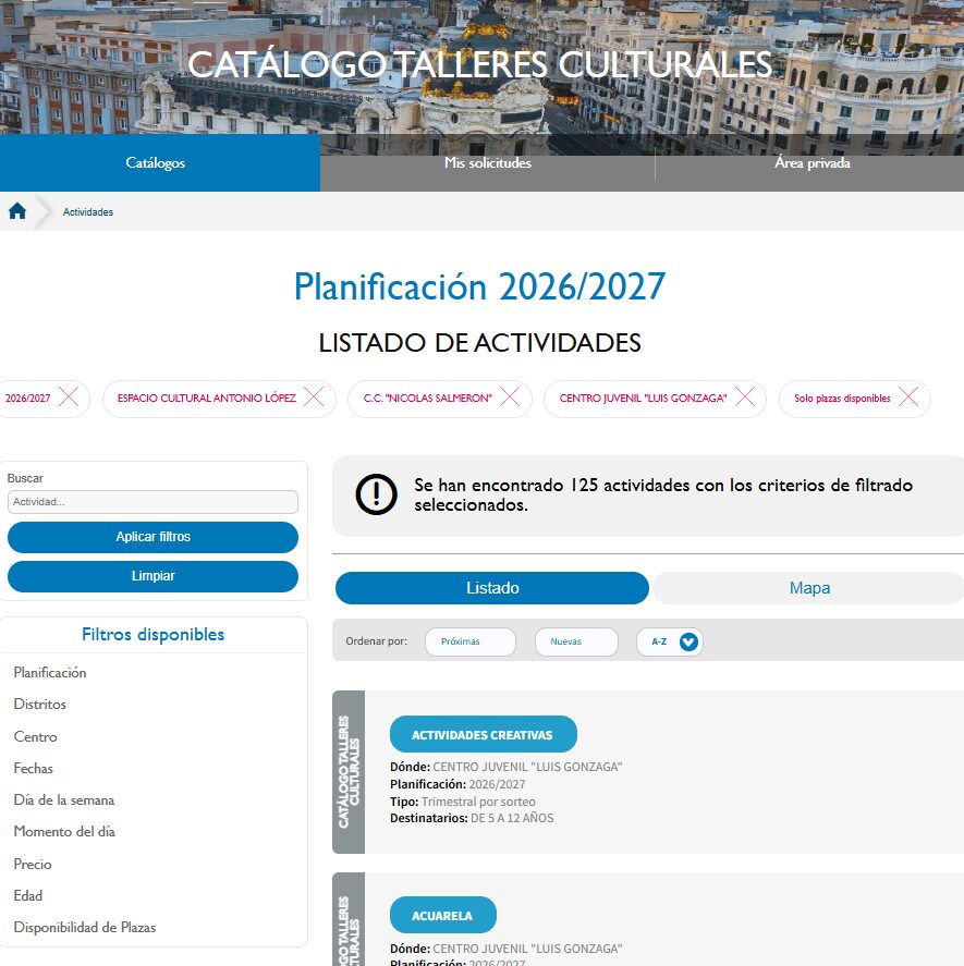 Captura de pantalla de la página web de solicitud de cursos