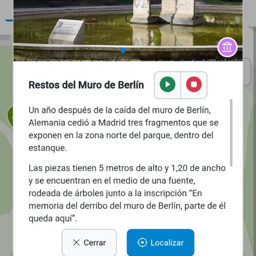 Captura de pantalla del parque de Berlín en la aplicación Madrid Móvil