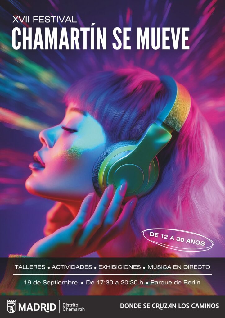 Cartel de Chamartín Se Mueve. Una mujer escucha música en la imagen