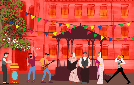 Ilustración festiva con músicos tocando frente a un quiosco en una plaza, personas vestidas con trajes tradicionales bailando, y banderines de colores colgando sobre un fondo rojo con un edificio clásico.