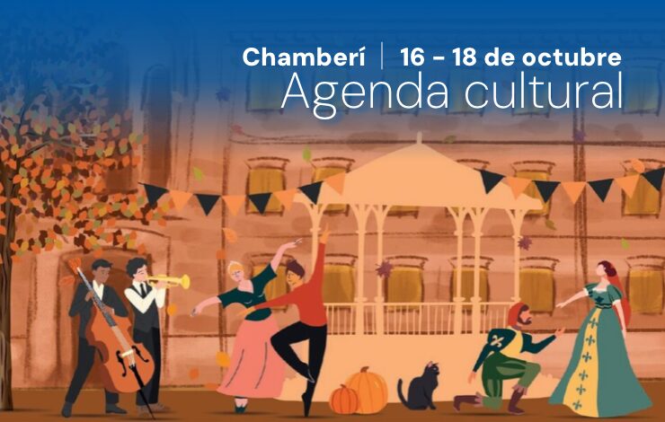 Agenda cultural de Chamberí del 16 al 18 de octubre: ilustración de una plaza con música en directo, baile, teatro y actividades culturales al aire libre en el distrito de Chamberí de Madrid.